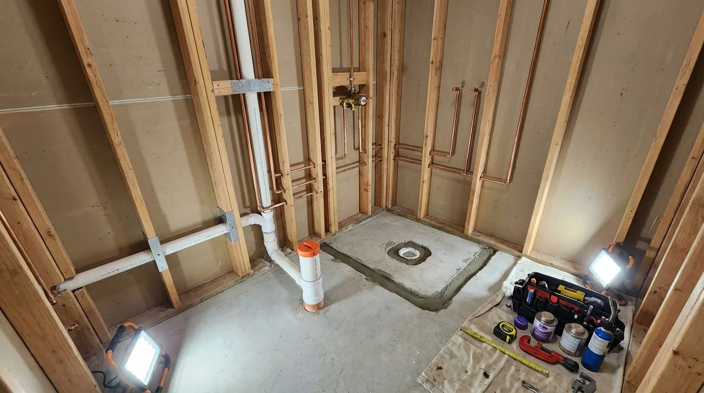 Bathroom rough-in plumbing during remodel by Johns Plumbing LLC in Pleasant Prairie
