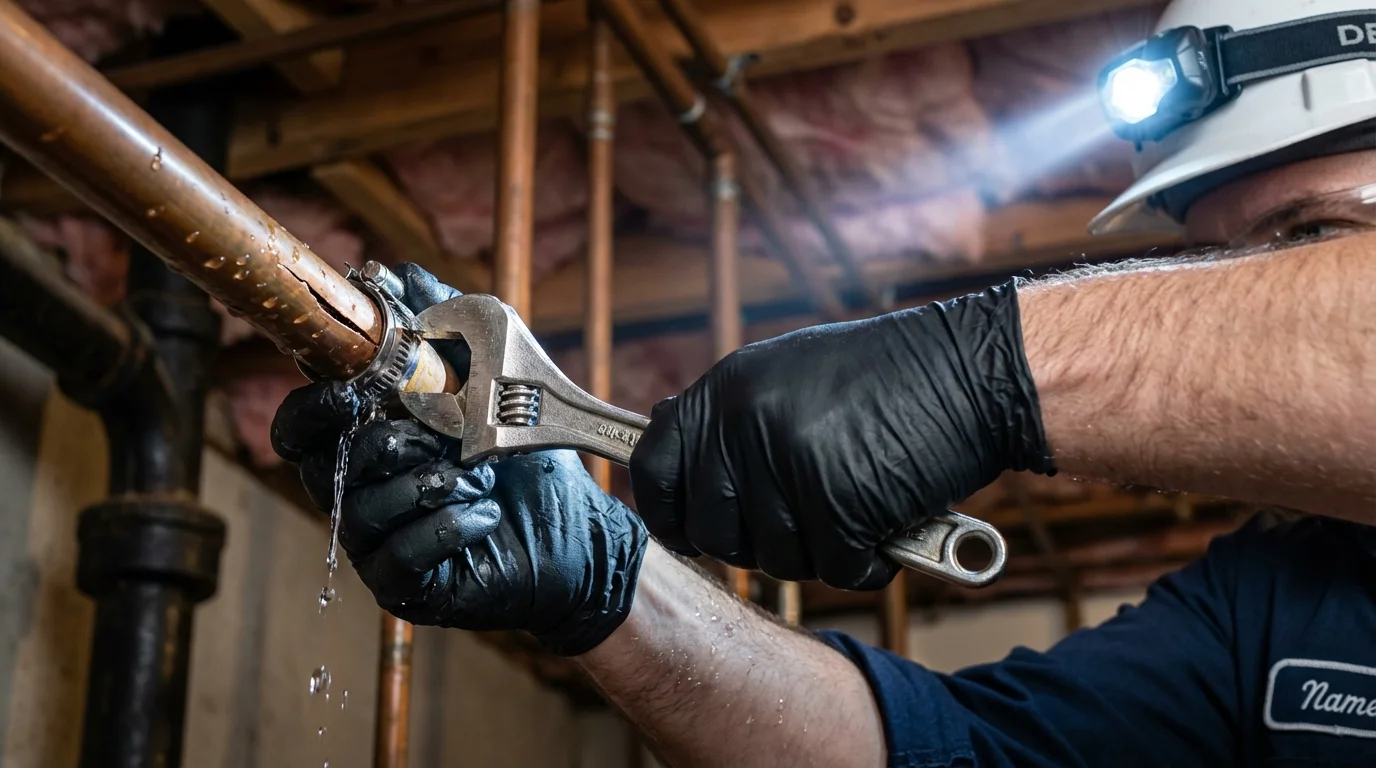 Emergency pipe clamp repair being performed by a Johns Plumbing LLC plumber in Pleasant Prairie