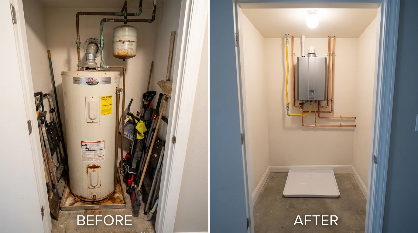 Tank water heater versus wall-mounted tankless unit comparison for Pleasant Prairie, WI homeowners