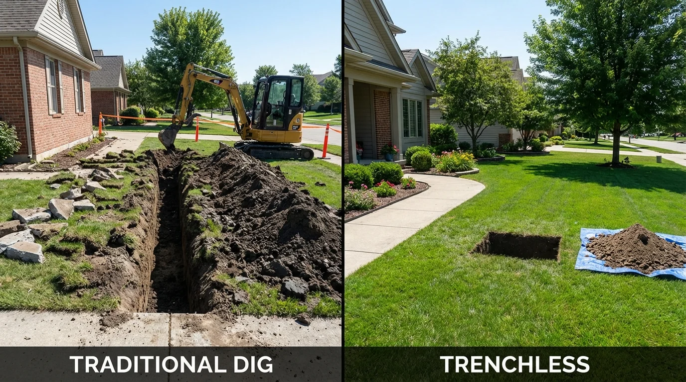 Trenchless sewer repair with minimal yard damage versus traditional excavation in Pleasant Prairie, WI