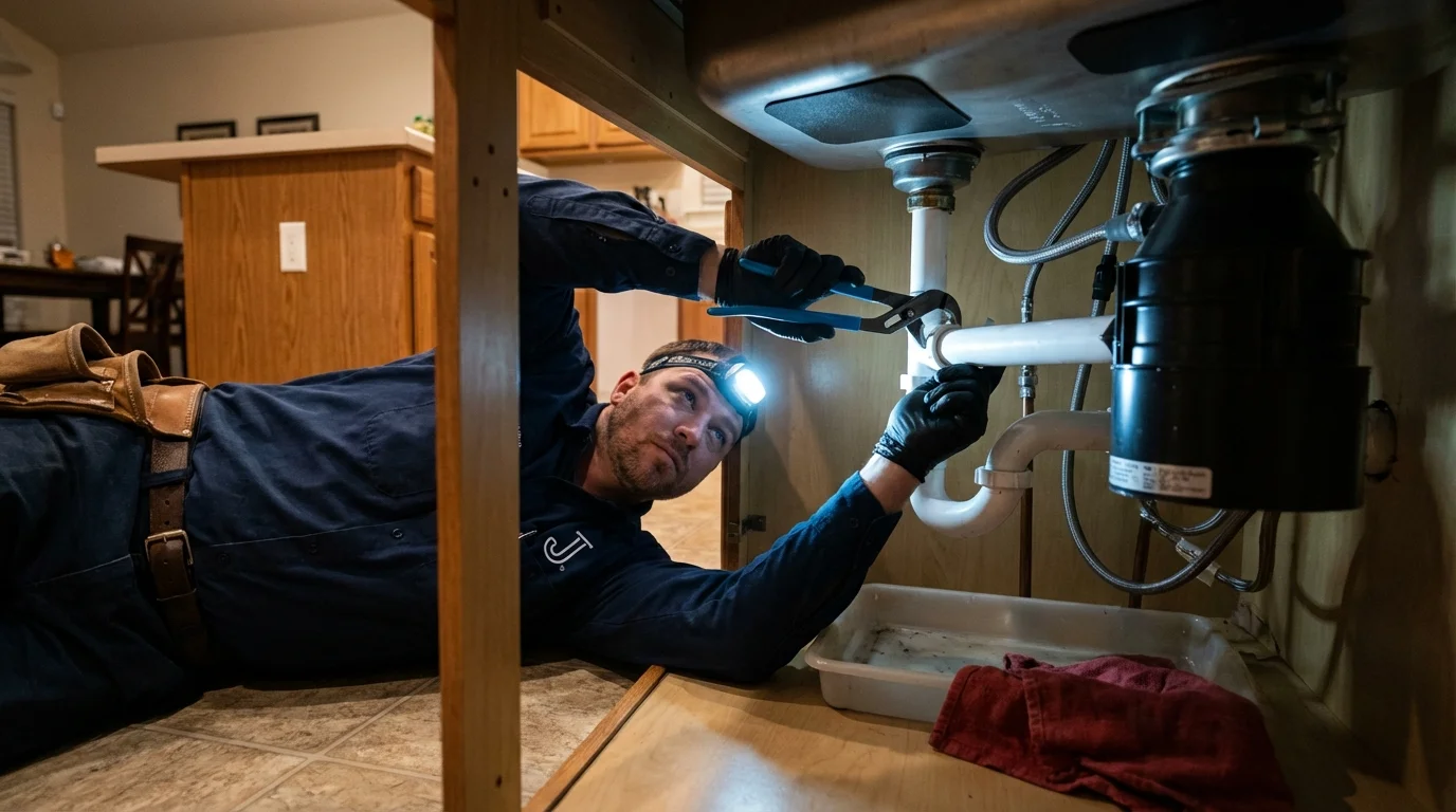 P-trap and supply line connections under a kitchen sink showing a common leak point in Pleasant Prairie, WI